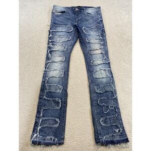 Jordan Craig Martin Stacked Jeans Mens 37x36 Blue Distressed Stretch Skinny